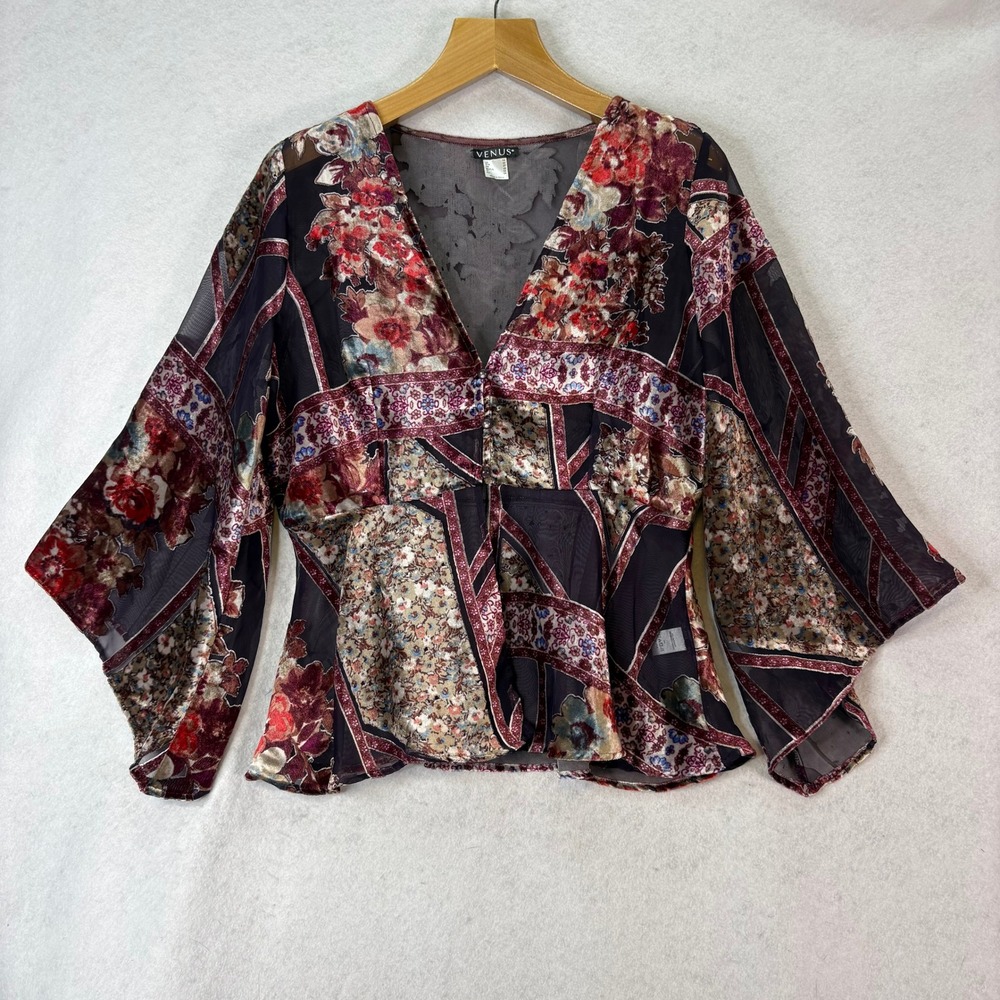Burnout Velvet Patchwork Bell Sleeve Blouse Burgundy Sz 14 Whimsigoth Romantic